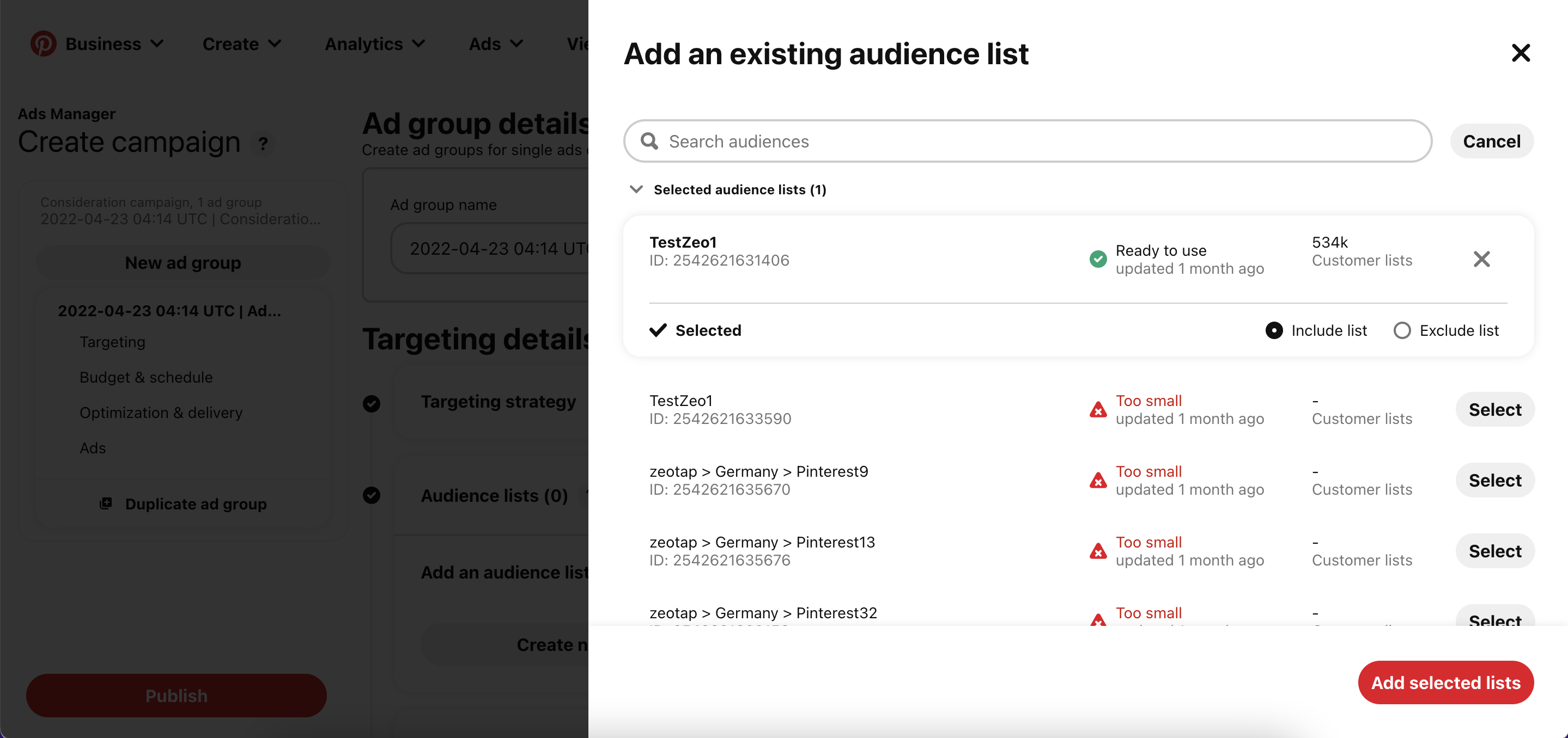 Add selected lists button attaching the Customer List to the ad