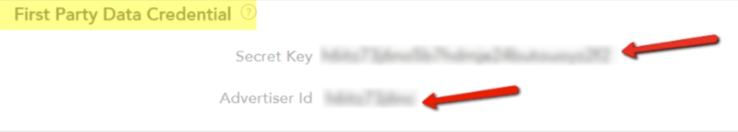 First Party Data Credentials section of the TTD 1P console, with the Secret Key and Advertiser Id values highlighted