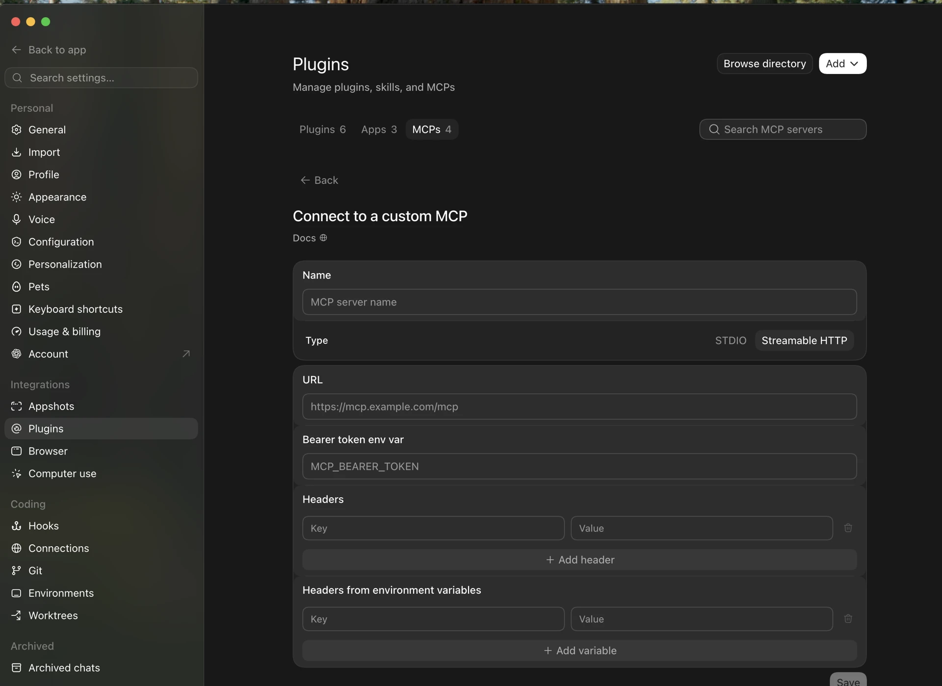 Connect to a custom MCP form with name, type, and URL fields.