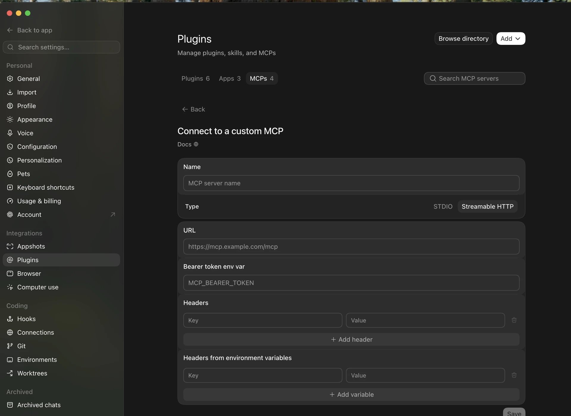 Connect to a custom MCP form with name, type, and URL fields.