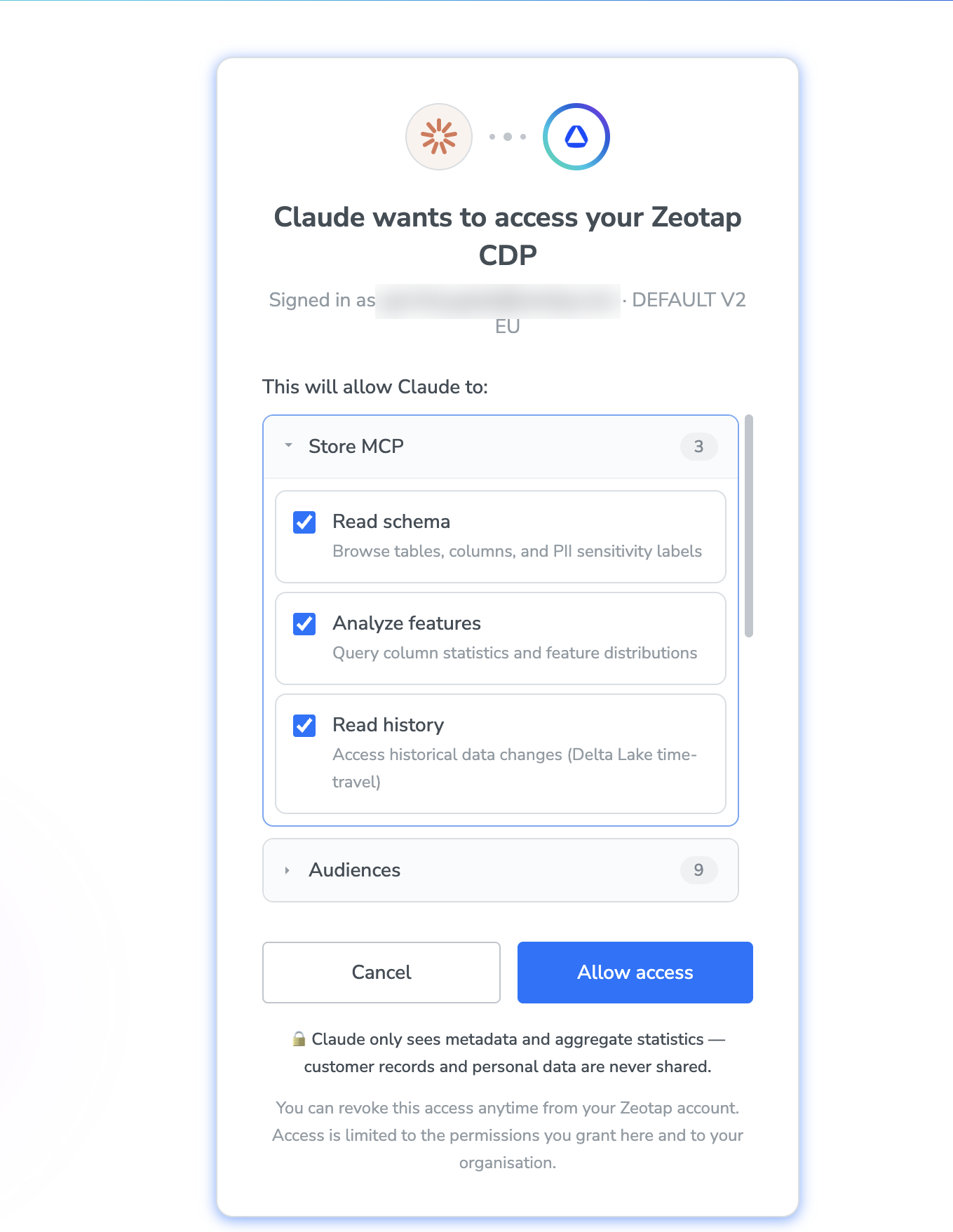 Consent dialog reading 'Claude wants to access your Zeotap CDP' with permission checkboxes and an Allow access button.
