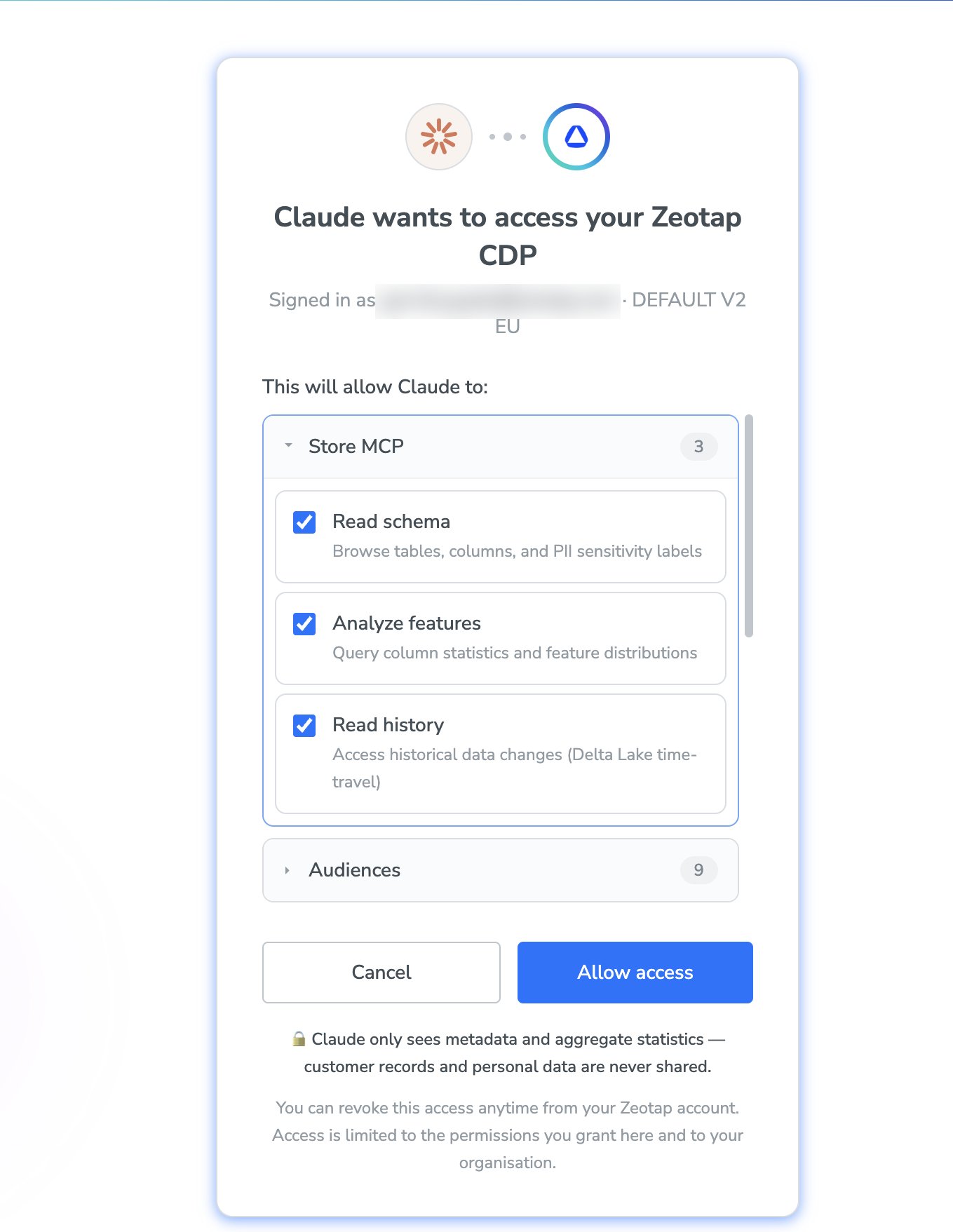 Consent dialog reading 'Claude wants to access your Zeotap CDP' with permission checkboxes and an Allow access button.