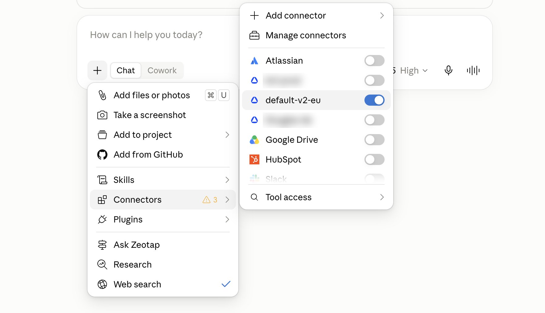 Claude's Connectors menu with connector toggles, opened from the + icon in a new chat.