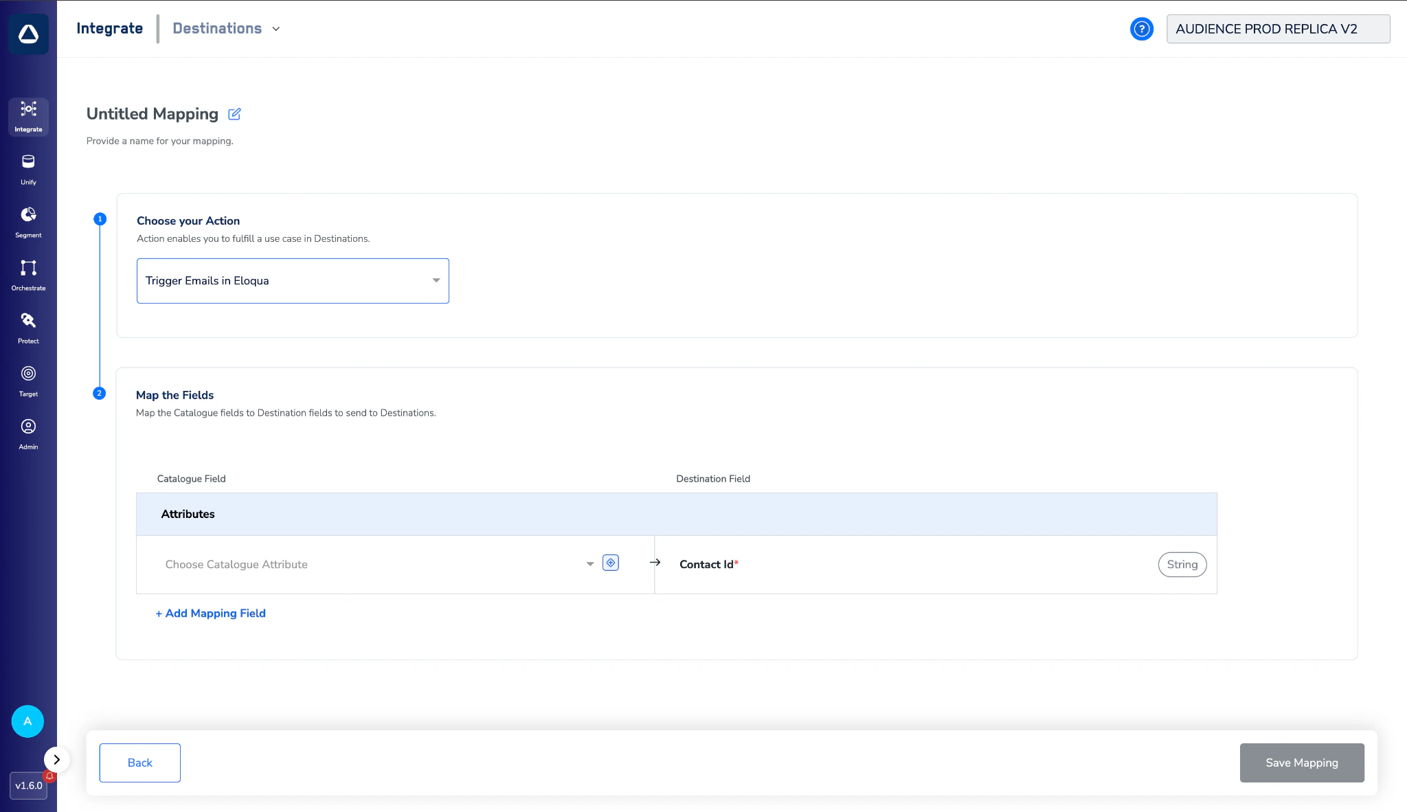 Action and Mapping screen with Trigger Emails in Eloqua selected and the Contact Id destination field shown.