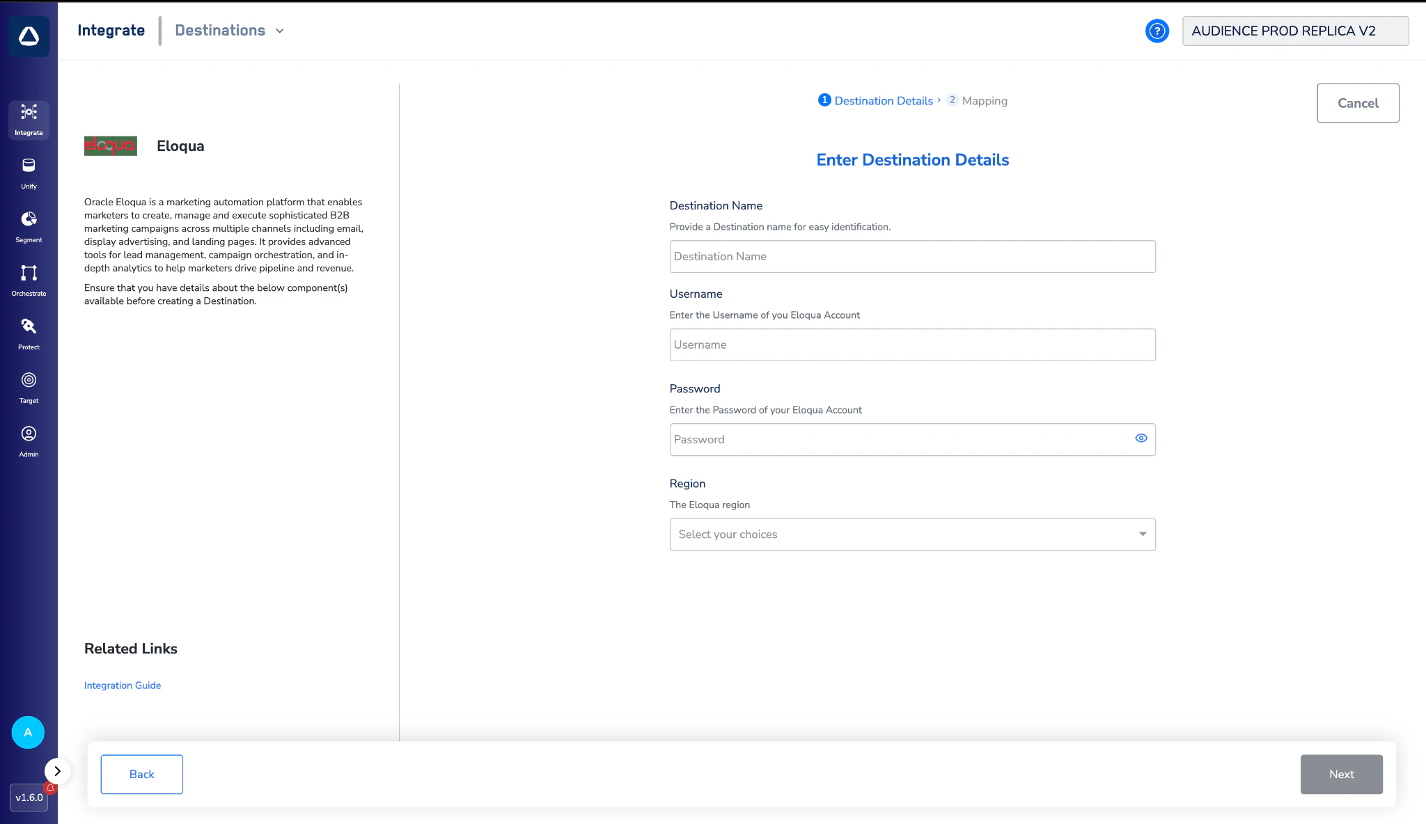 Eloqua destination details form with the Destination Name, Username, Password, and Region fields.