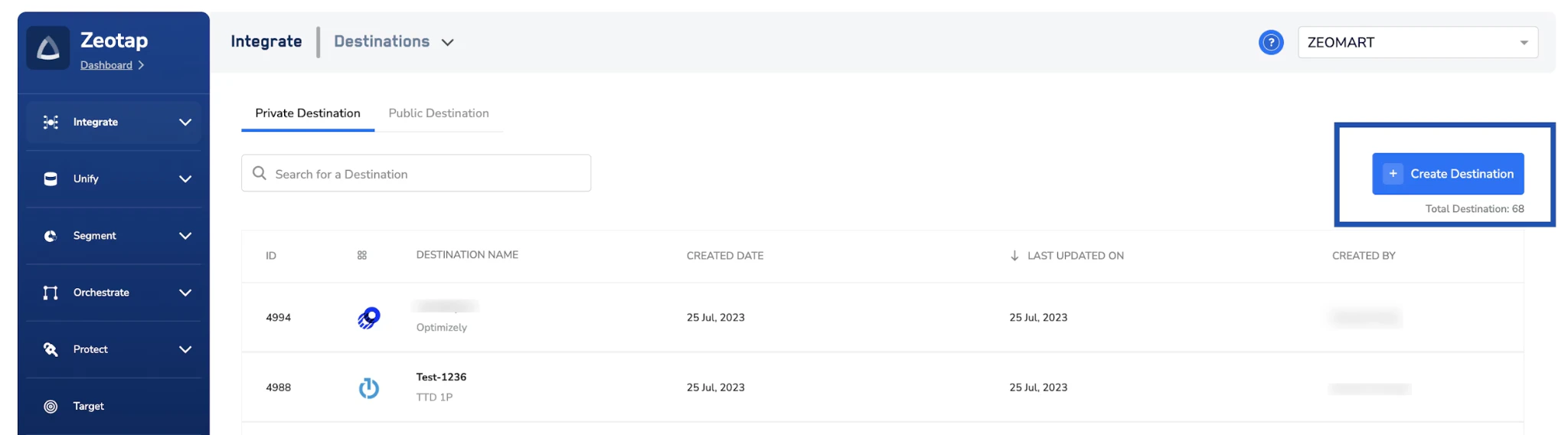 Destinations module listing existing destinations with the Create Destination button highlighted.