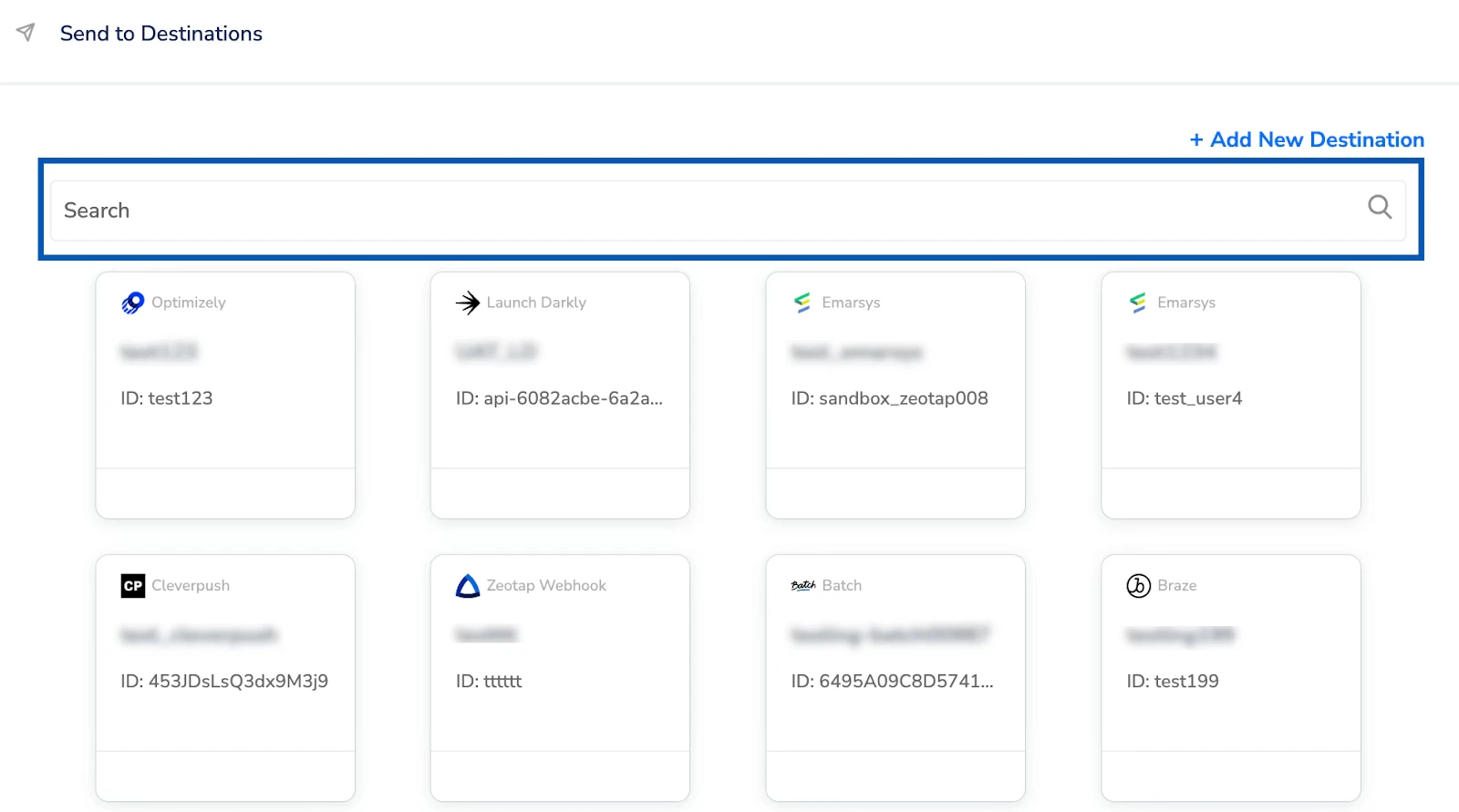 Send to Destinations search panel showing destination cards with IDs.