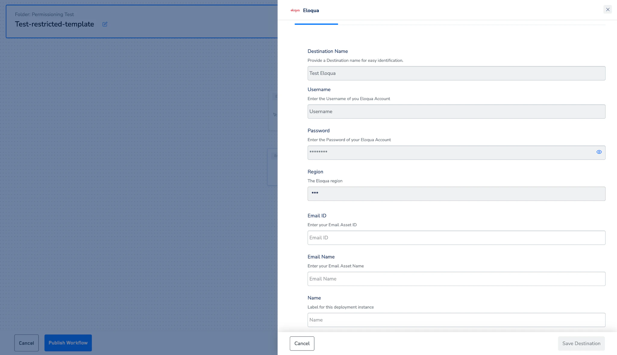 Destination Settings panel for Eloqua inside a journey showing the Email ID, Email Name, and Name fields.