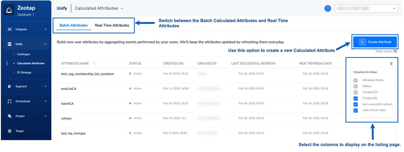 Components of the Calculated Attributes Screen - Zeotap docs