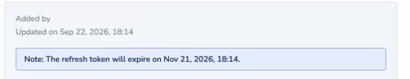 Connection details on the destination form: the date the connection was updated, and a note giving the date the refresh token expires. The authorising user's email address is redacted.