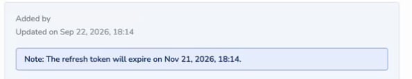 Connection details on the destination form: the date the connection was updated, and a note giving the date the refresh token expires. The authorising user's email address is redacted.