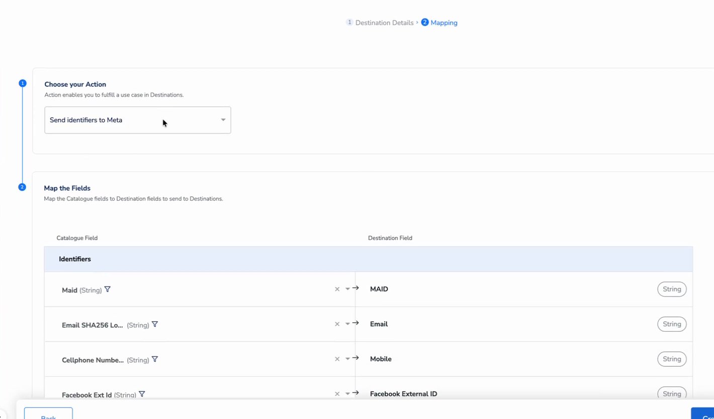 Mapping screen with Send identifiers to Meta selected and Catalogue fields mapped to MAID, Email, Mobile and Facebook External ID