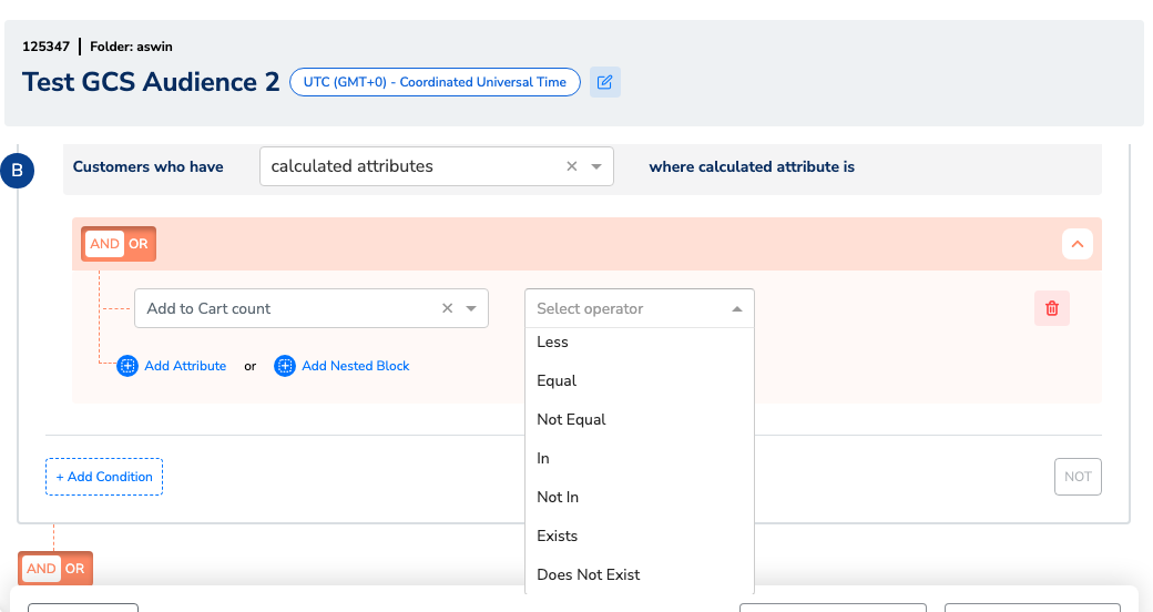 Audience builder rule block on a calculated attribute with the operator dropdown open