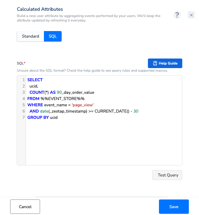SQL Calculated Attribute editor showing an example query, the Help Guide button, and the Test Query button