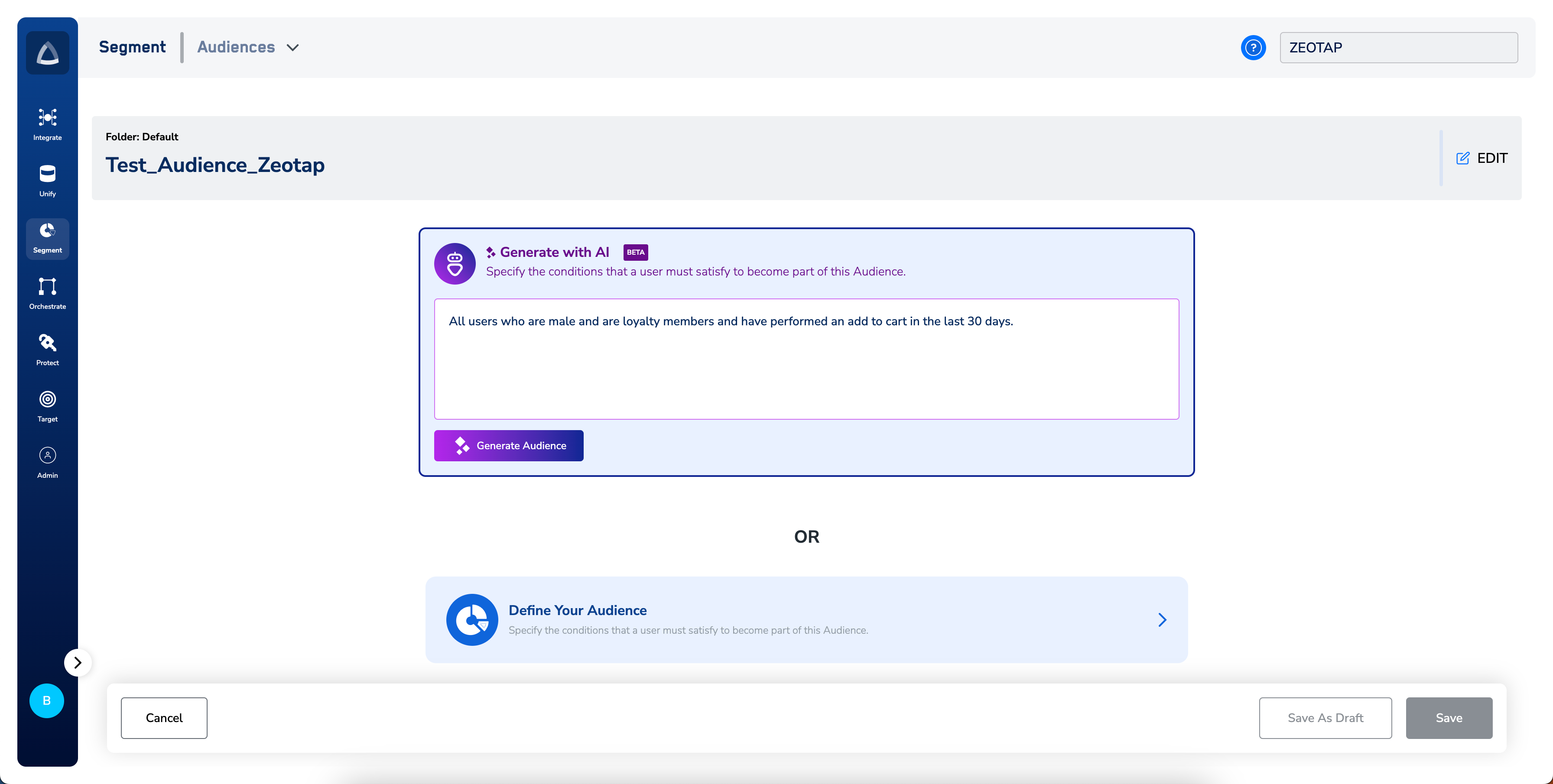 Create Audience using Ada (AI-Based Audience Builder) - Zeotap docs