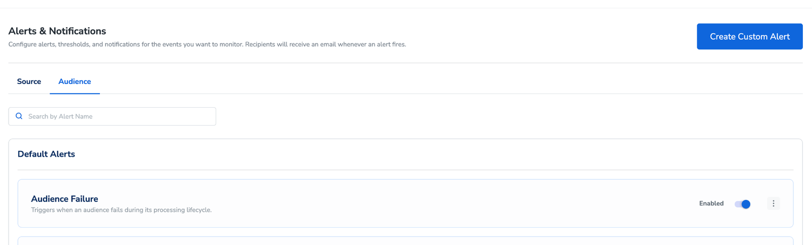The Alerts & Notifications page showing the Source and Audience tabs and the Create Custom Alert button.