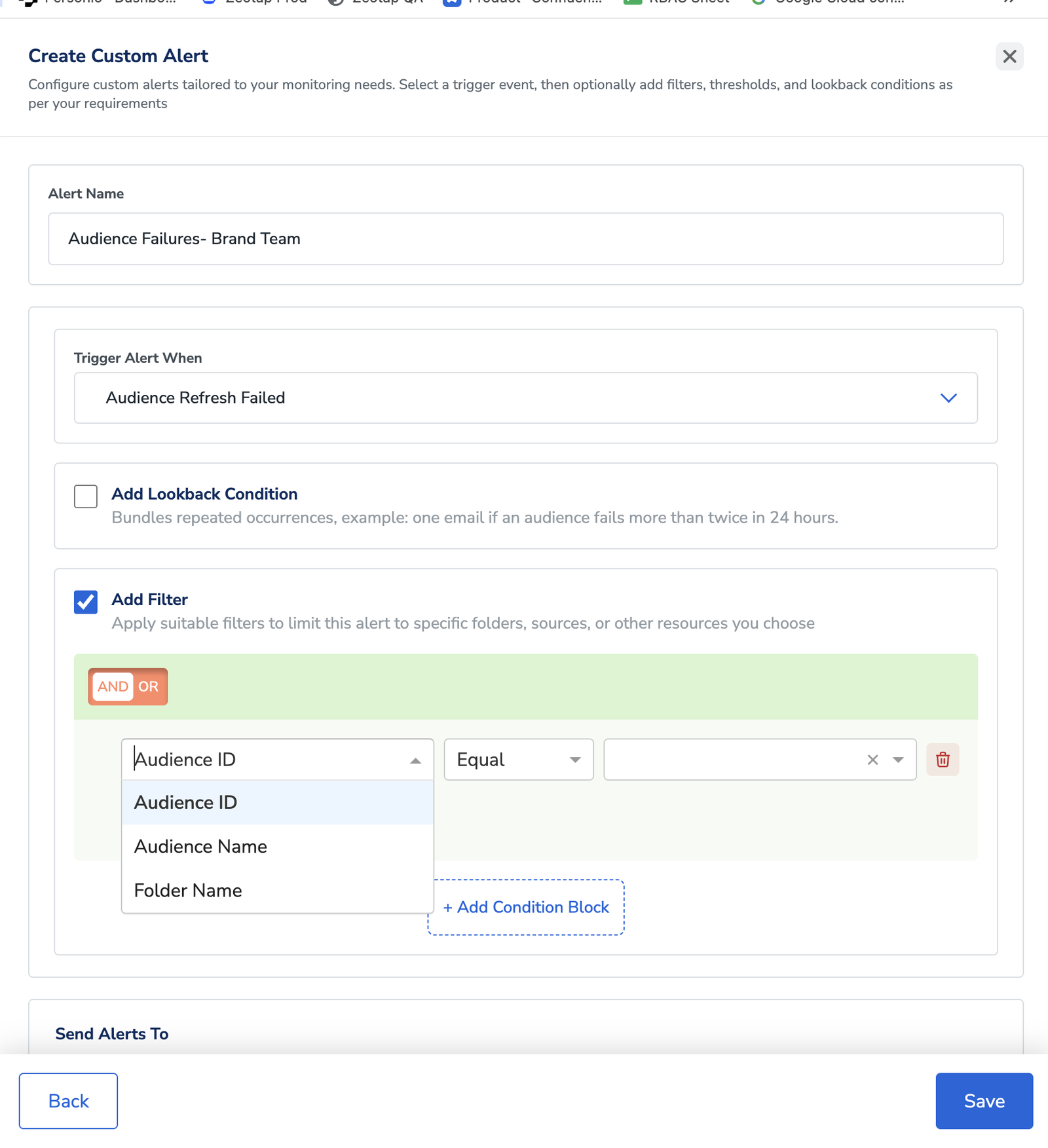 The Create Custom Alert dialog with Add Filter enabled and the field dropdown open, showing Audience ID, Audience Name and Folder Name.