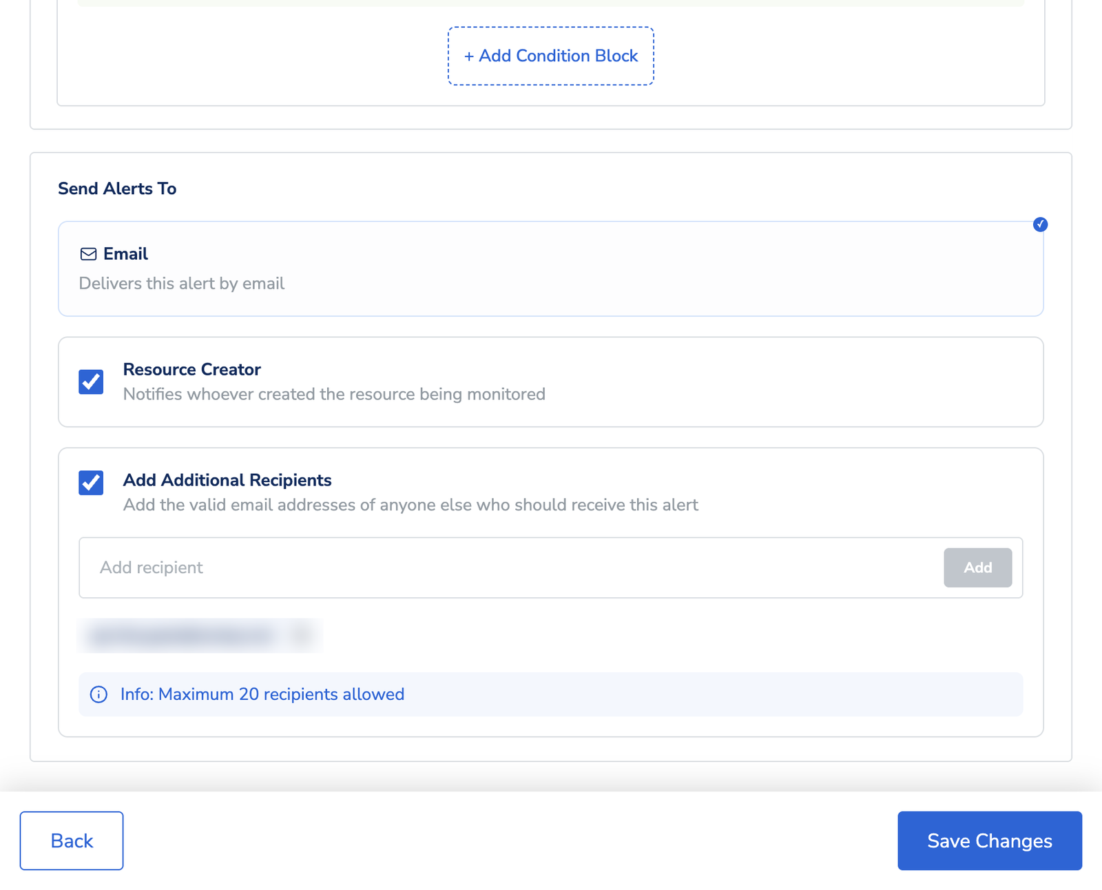 The Send Alerts To panel with Email, Resource Creator and Add Additional Recipients selected, and a note that a maximum of 20 recipients is allowed.