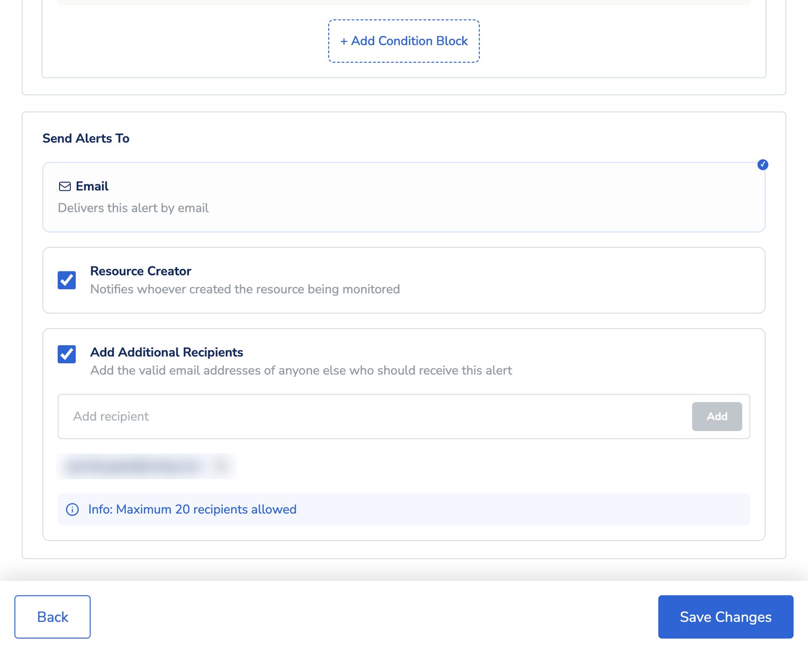 The Send Alerts To panel with Email, Resource Creator and Add Additional Recipients selected, and a note that a maximum of 20 recipients is allowed.