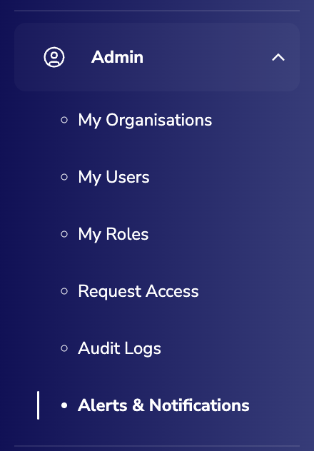 The Admin section of the left sidebar, with Alerts & Notifications selected below Audit Logs.