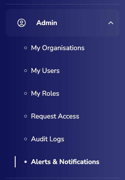 The Admin section of the left sidebar, with Alerts & Notifications selected below Audit Logs.