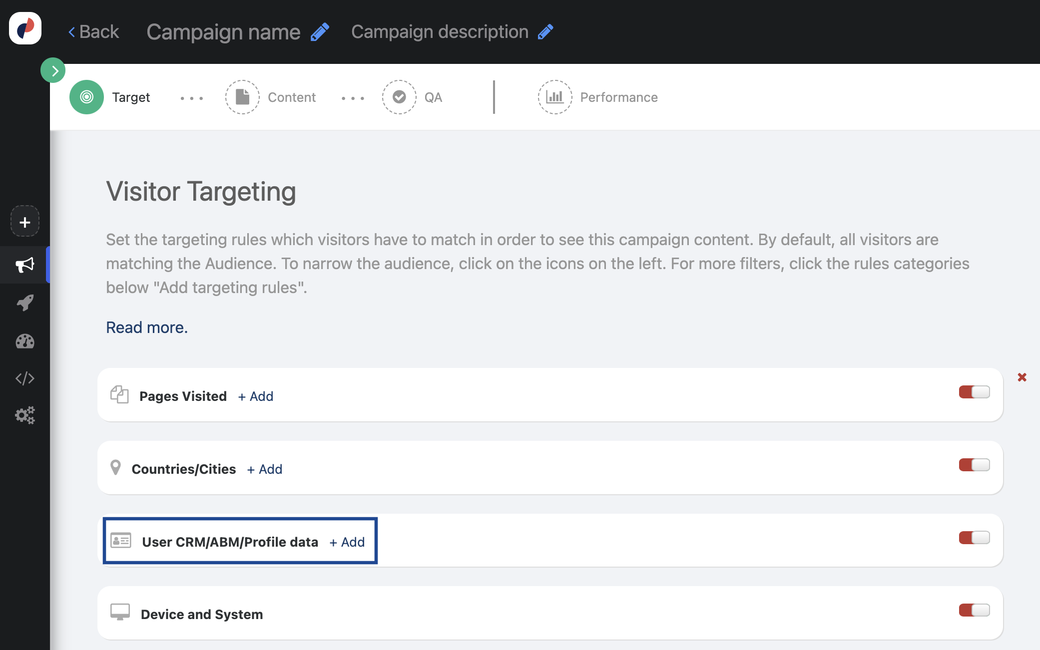 Personyze Visitor Targeting screen inside a campaign, listing the rule categories Pages Visited, Countries/Cities, User CRM/ABM/Profile data and Device and System, with User CRM/ABM/Profile data and its Add control highlighted