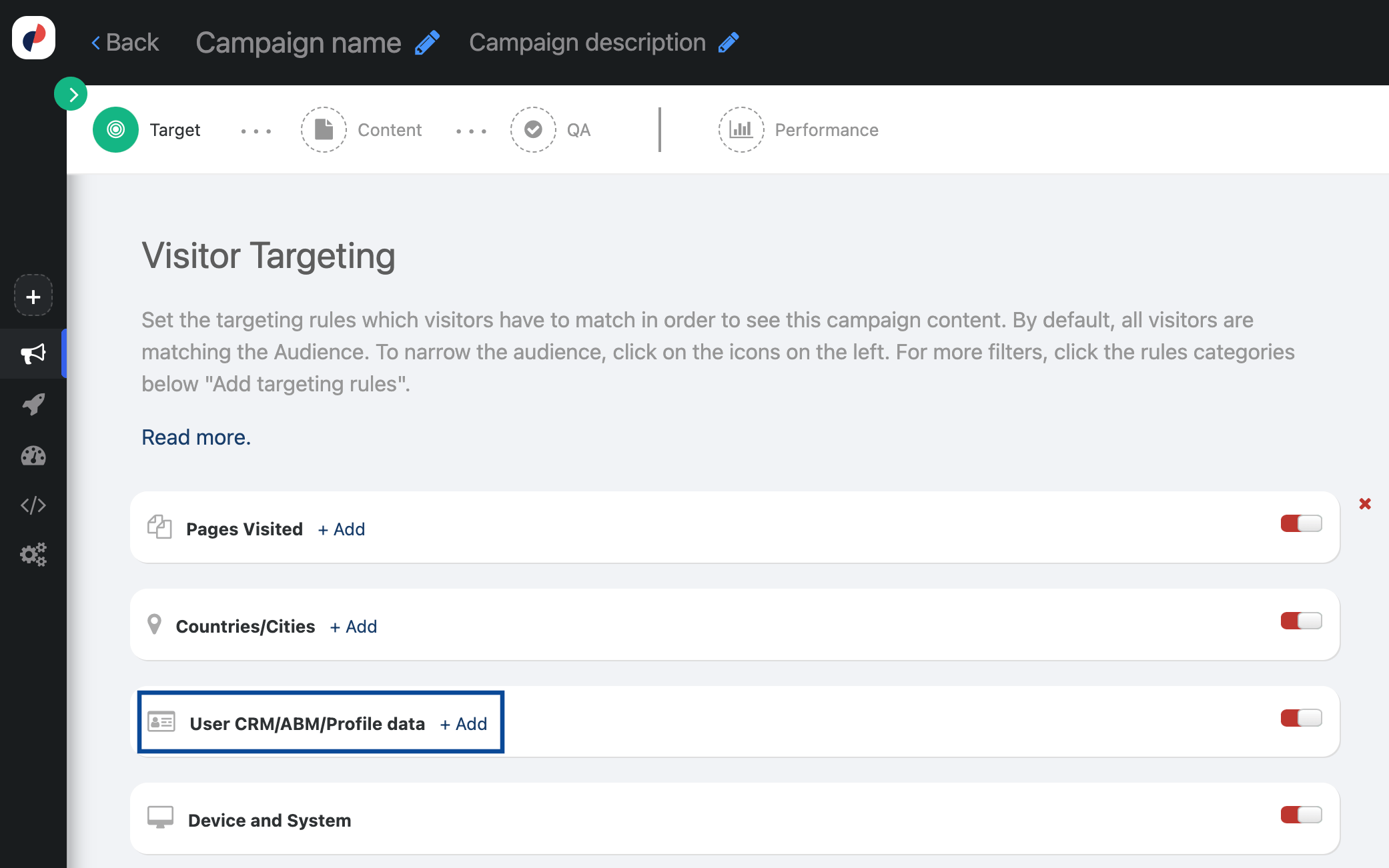 Personyze Visitor Targeting screen inside a campaign, listing the rule categories Pages Visited, Countries/Cities, User CRM/ABM/Profile data and Device and System, with User CRM/ABM/Profile data and its Add control highlighted