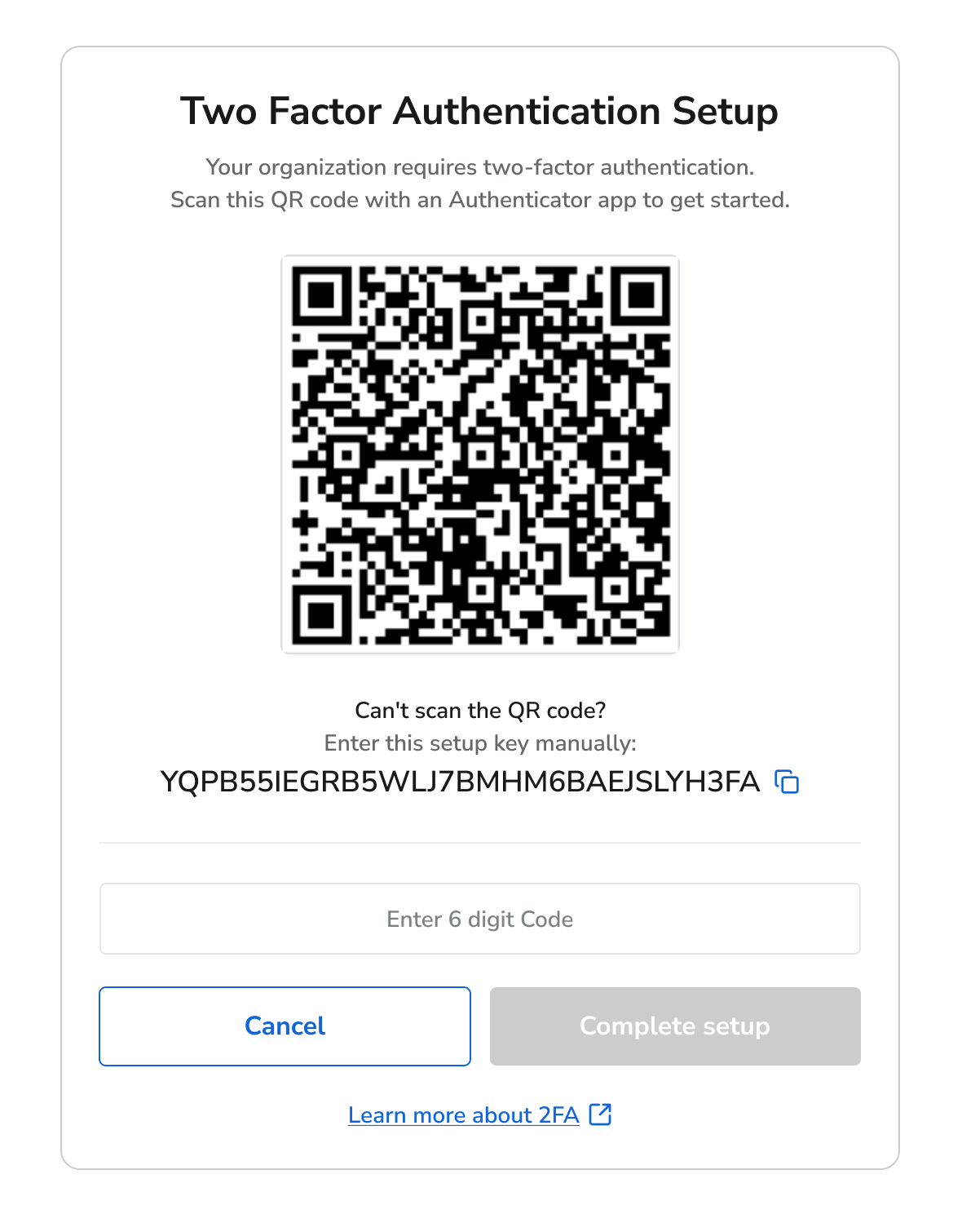 Two Factor Authentication Setup screen