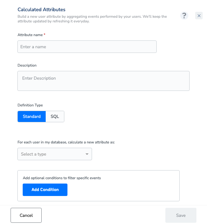 Empty Create Attribute drawer showing name, description, Definition Type toggle, sentence builder, and Add Condition