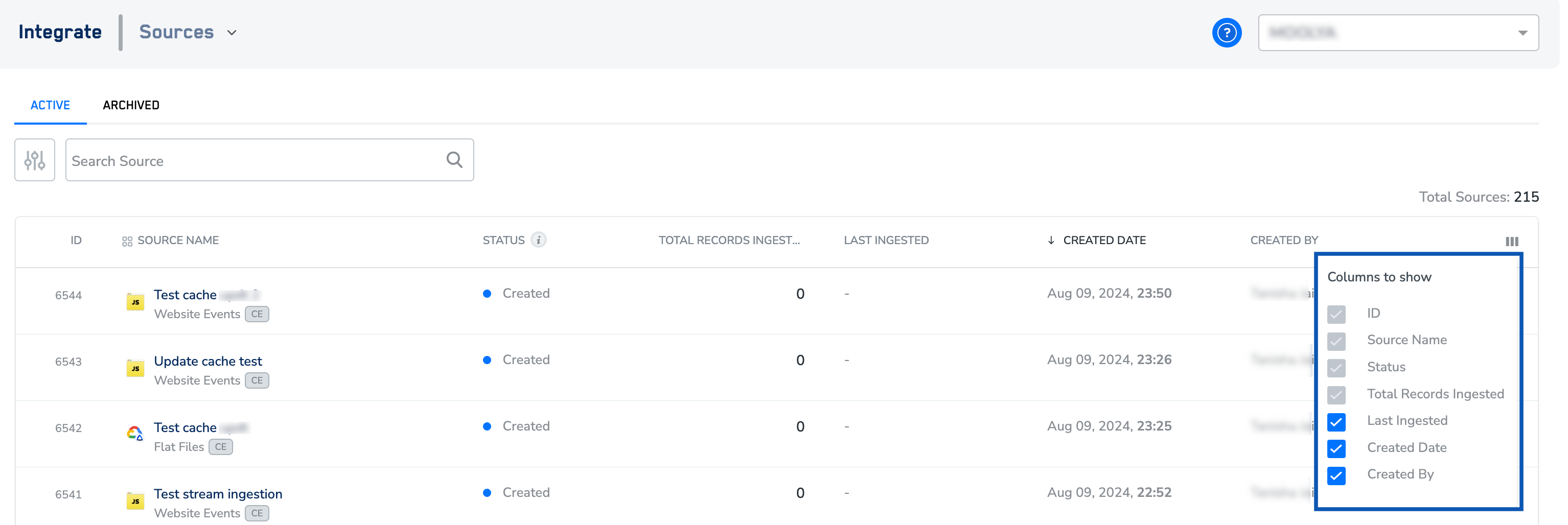 Components of the Source Listing Page - Zeotap docs