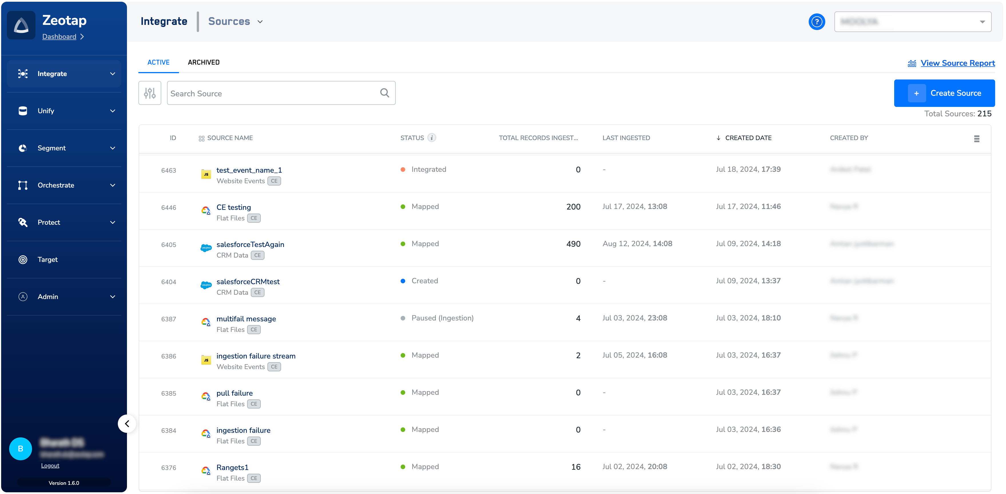 Components of the Source Listing Page - Zeotap docs