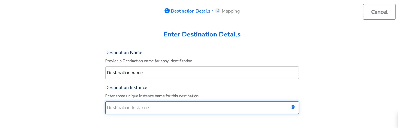 Enter Destination Details screen with the Destination Name and Destination Instance fields