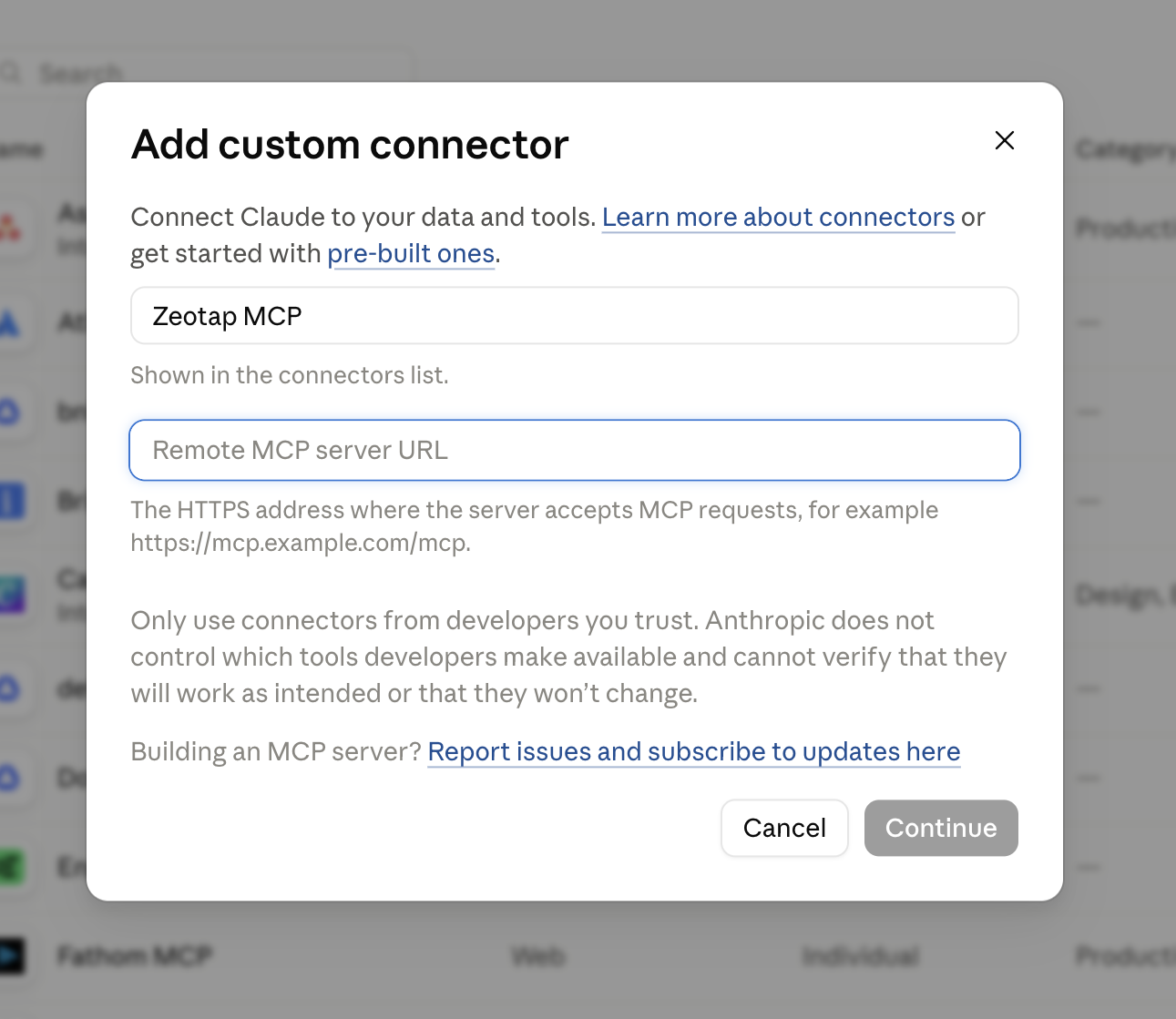 Add custom connector dialog in Claude with a name field and a remote MCP server URL field.