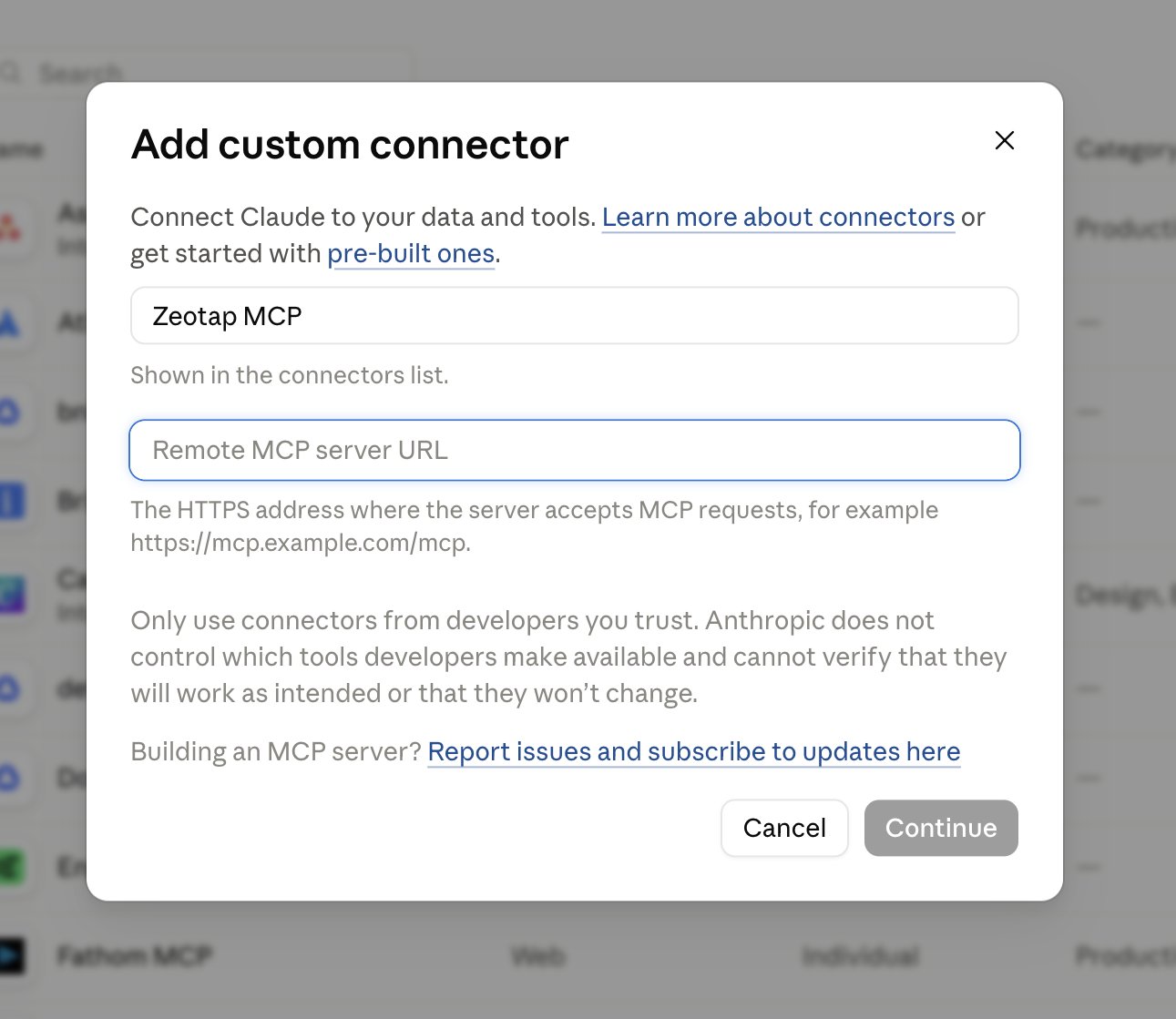 Add custom connector dialog in Claude with a name field and a remote MCP server URL field.