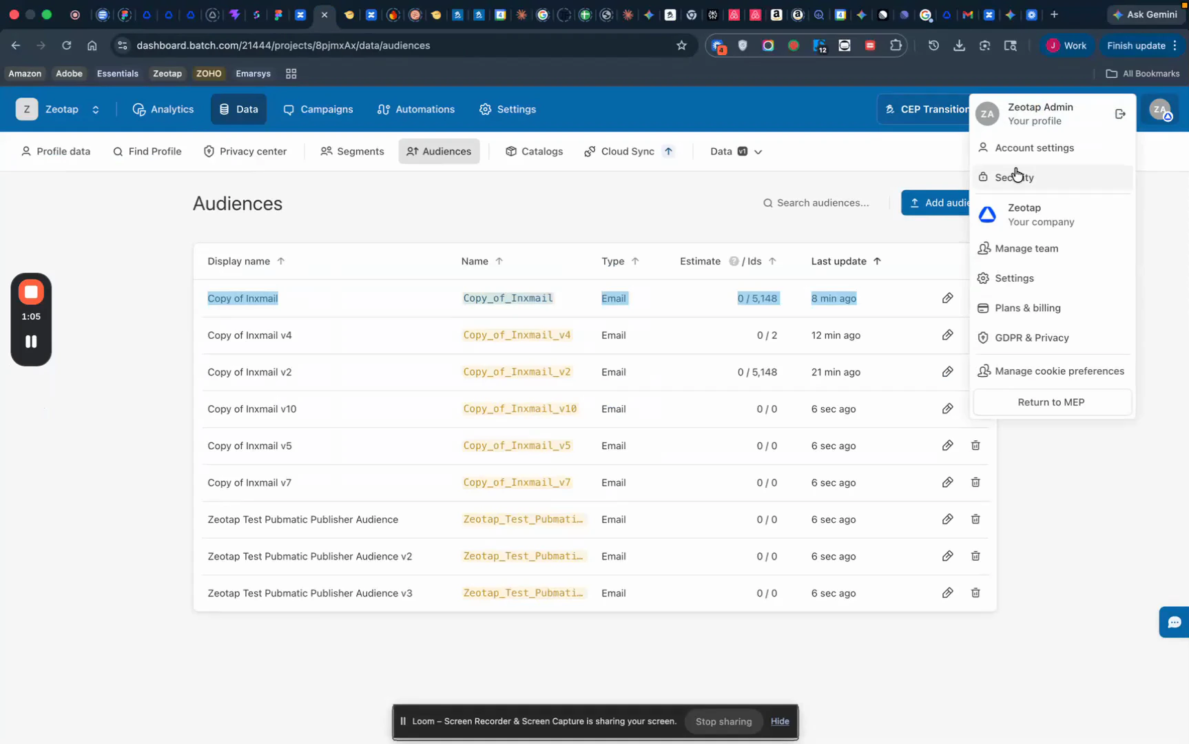 Batch dashboard with the profile dropdown open showing Account settings highlighted.
