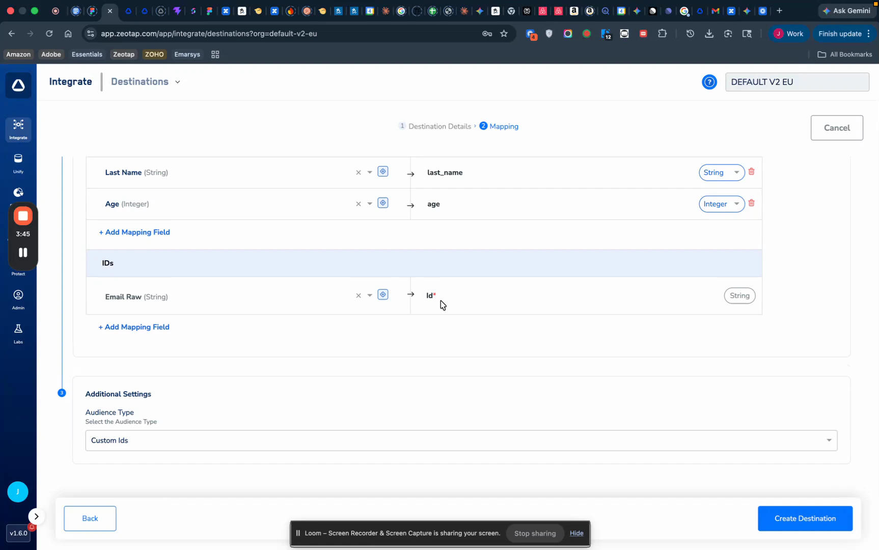 Additional Settings section in Zeotap with Audience Type dropdown.