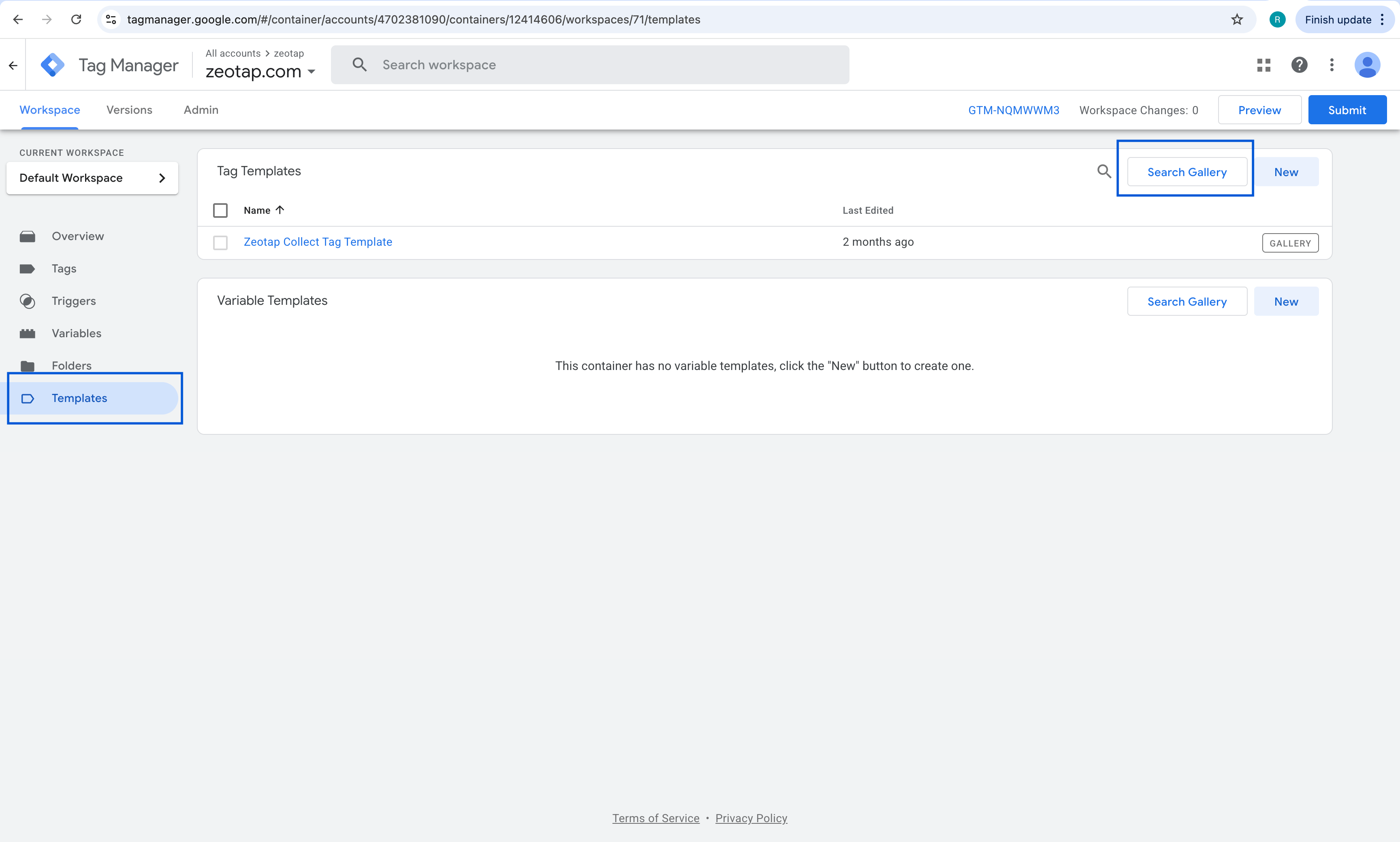 GTM Templates Menu