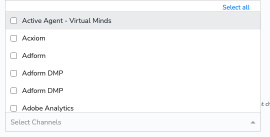 Select Channels multi-select open, listing the channels available to the account with checkboxes and a Select all link