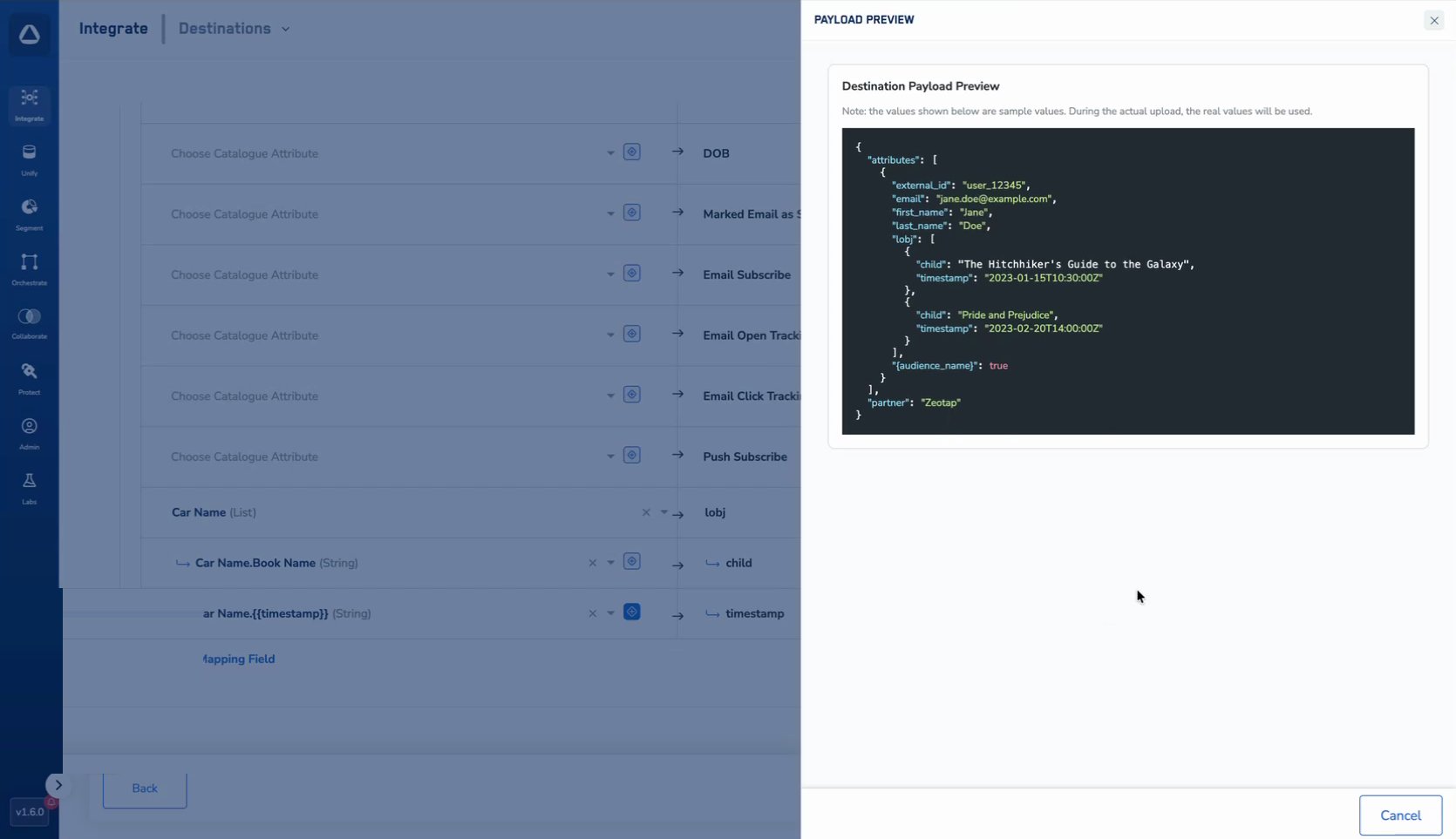 Payload Preview panel showing the generated Destination Payload Preview as formatted JSON, including identifiers, profile attributes and a nested list of objects.