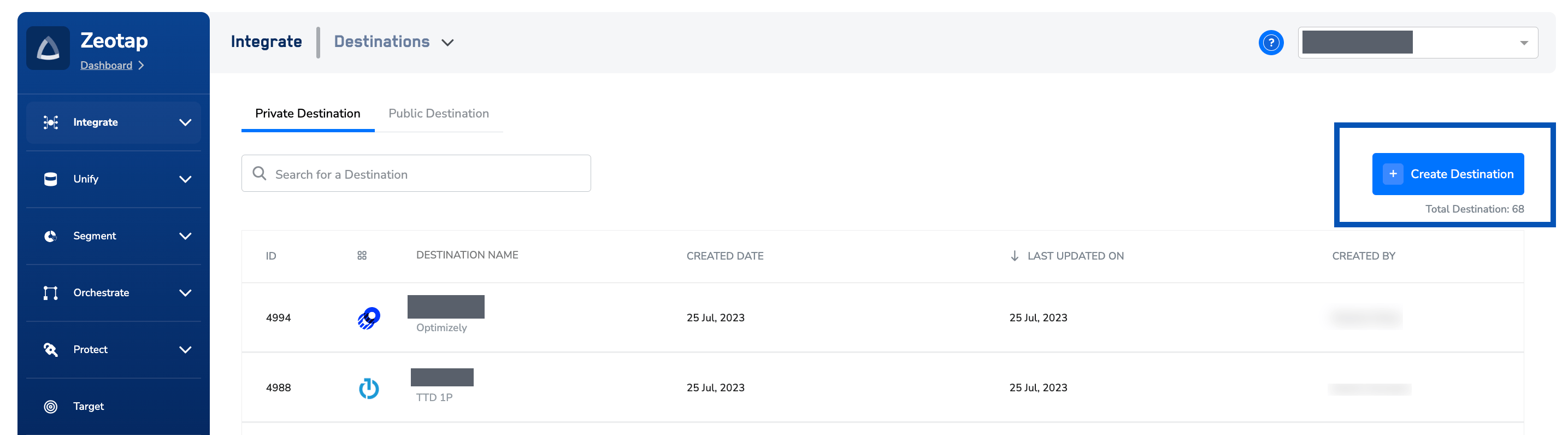 Zeotap CDP Destinations list on the Private Destination tab, with a search box, a table of existing destinations, and the + Create Destination button highlighted.