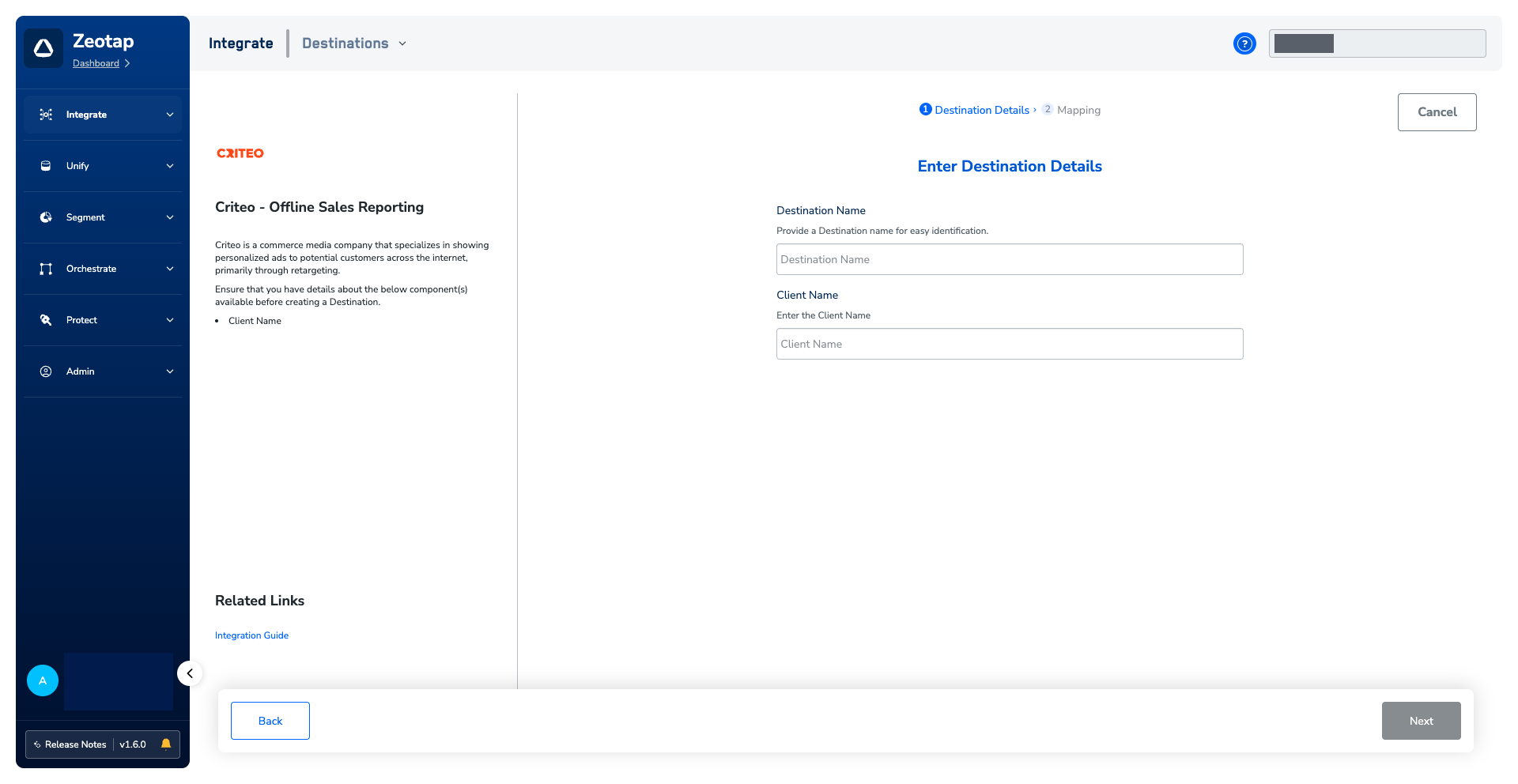 Enter Destination Details step of the Criteo - Offline Sales Reporting destination, with empty Destination Name and Client Name fields and a two-step Destination Details / Mapping breadcrumb