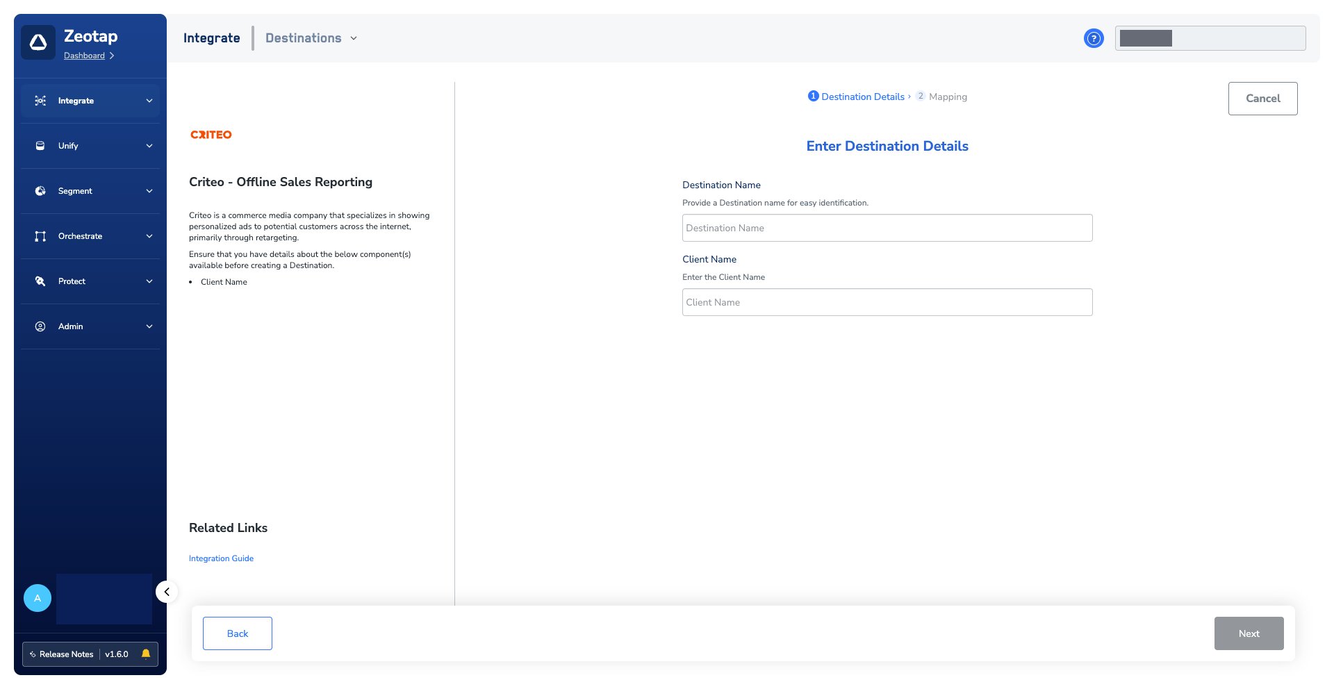 Enter Destination Details step of the Criteo - Offline Sales Reporting destination, with empty Destination Name and Client Name fields and a two-step Destination Details / Mapping breadcrumb