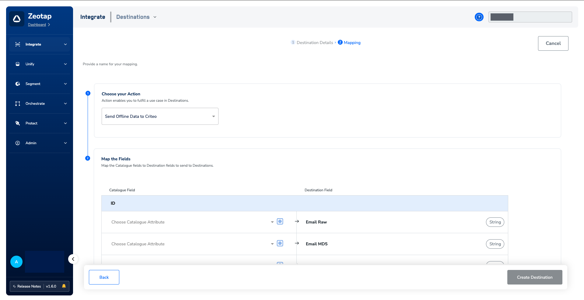 Mapping step with Send Offline Data to Criteo selected under Choose your Action, and a Map the Fields table pairing catalogue attributes with Criteo destination fields