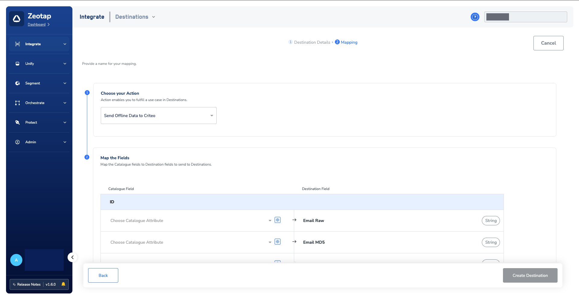 Mapping step with Send Offline Data to Criteo selected under Choose your Action, and a Map the Fields table pairing catalogue attributes with Criteo destination fields