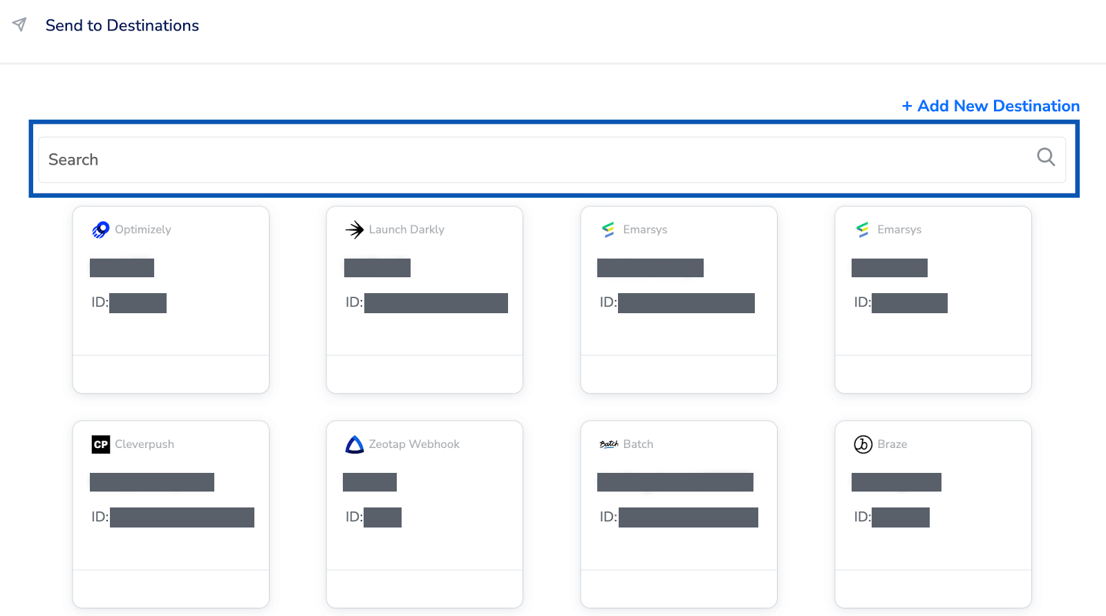 Send to Destinations panel with a search box above a grid of saved destination cards, each labelled with its connector