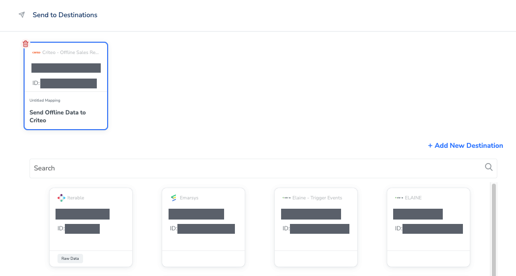 Send to Destinations node with the Criteo - Offline Sales Reporting destination attached as a card showing its selected action, above the list of other available destinations