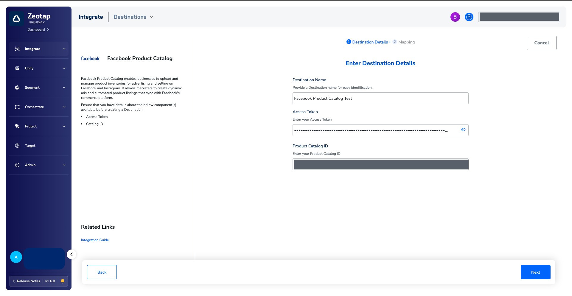 The Enter Destination Details step for the Facebook Product Catalog destination, showing the Destination Name, Access Token and Product Catalog ID fields, with the vendor description and Related Links panel on the left and the Back and Next buttons at the foot of the page.