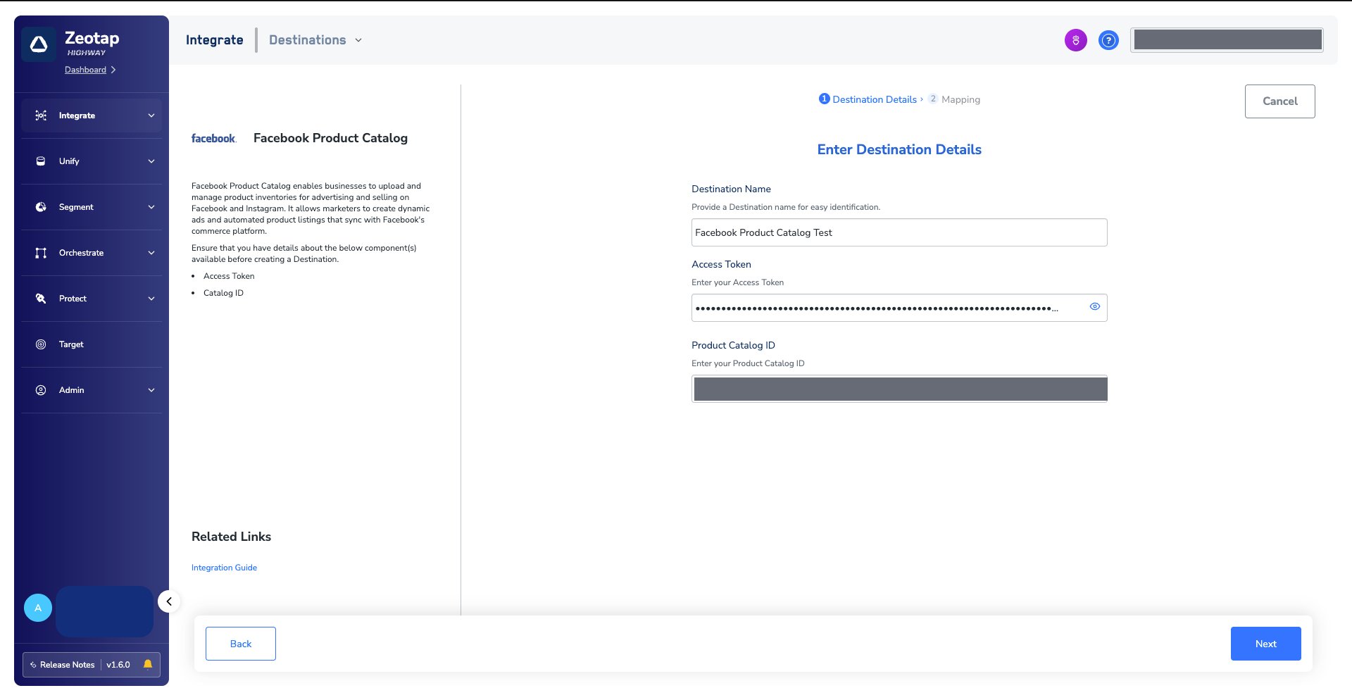 The Enter Destination Details step for the Facebook Product Catalog destination, showing the Destination Name, Access Token and Product Catalog ID fields, with the vendor description and Related Links panel on the left and the Back and Next buttons at the foot of the page.