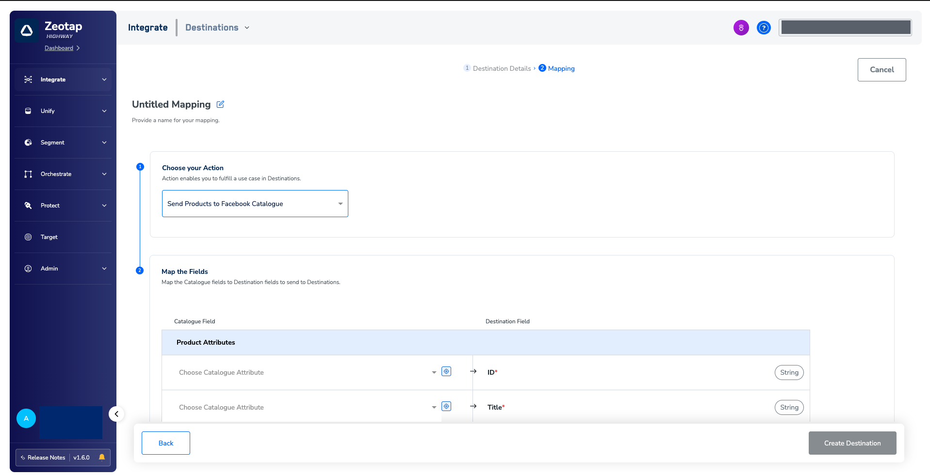 The Mapping step, with Choose your Action set to Send Products to Facebook Catalogue and a Map the Fields table pairing each Catalogue Field with a Product Attributes destination field such as ID and Title.