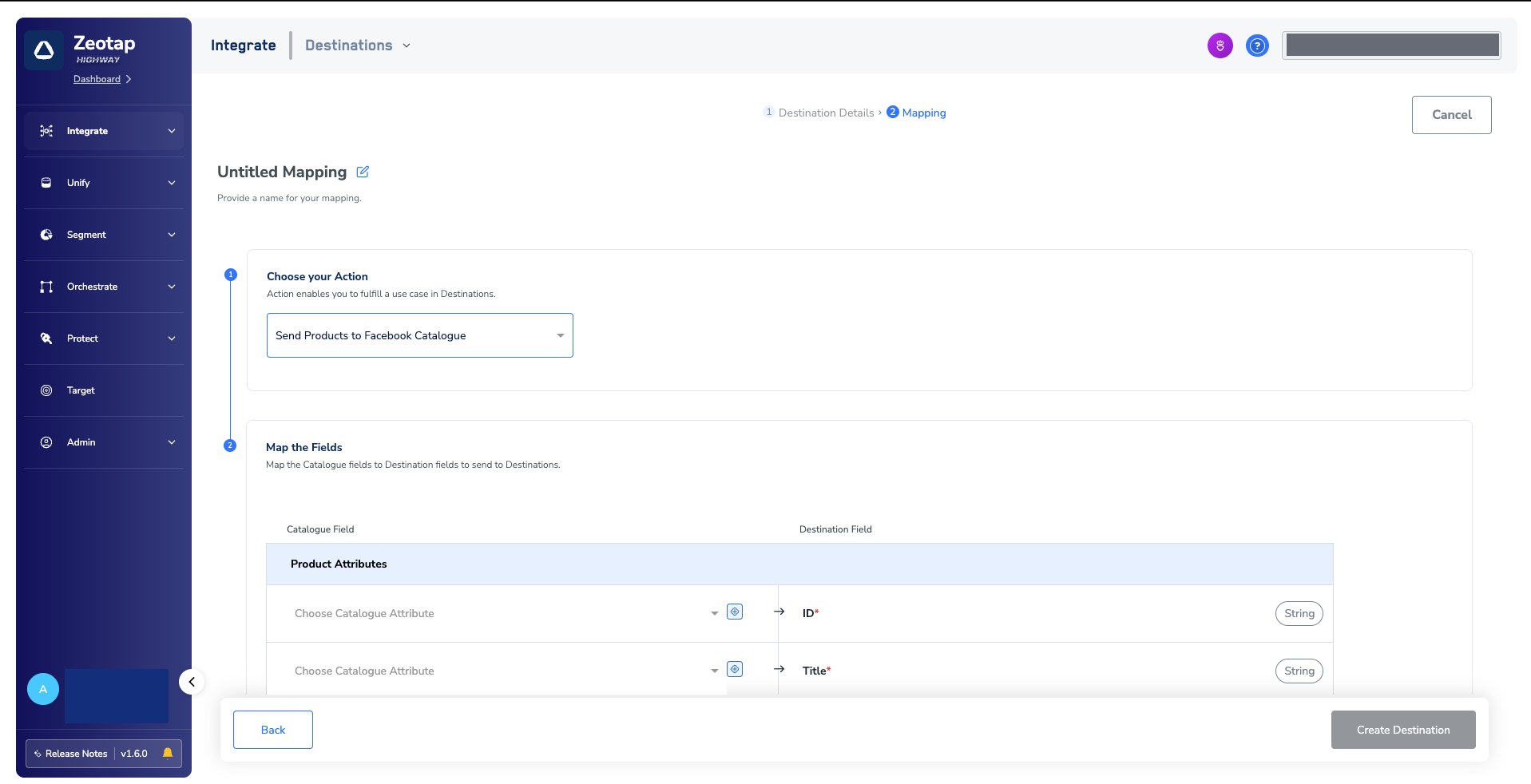The Mapping step, with Choose your Action set to Send Products to Facebook Catalogue and a Map the Fields table pairing each Catalogue Field with a Product Attributes destination field such as ID and Title.